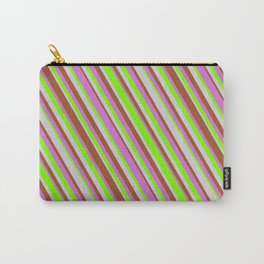 [ Thumbnail: Sienna, Orchid, Green & Light Gray Colored Stripes Pattern Carry-All Pouch ]