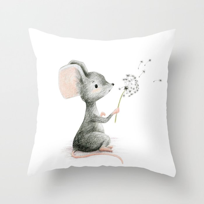 Mouse blowing on a dandelion Throw Pillow