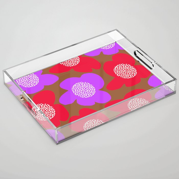 Large Retro Flowers Red And Purple Petals White Center Brown Background #decor #society6 #buyart Acrylic Tray