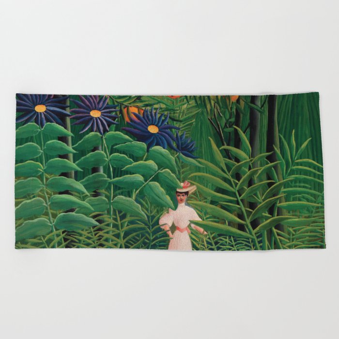 Woman Walking in an Exotic Forest, Rousseau Beach Towel