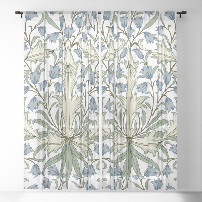William Morris Vintage Bluebell Floral Blue Green & White  Sheer Curtain
