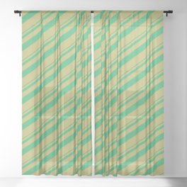 [ Thumbnail: Sea Green and Dark Khaki Colored Lined/Striped Pattern Sheer Curtain ]