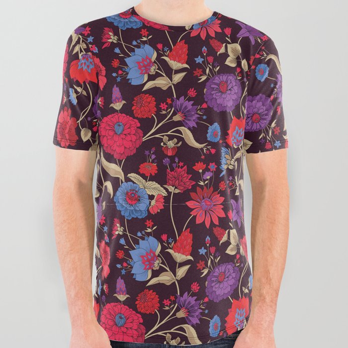 Purple Red Blue Floral Sprig Summer Pattern All Over Graphic Tee