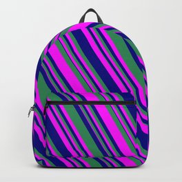 [ Thumbnail: Sea Green, Fuchsia, and Blue Colored Lined/Striped Pattern Backpack ]
