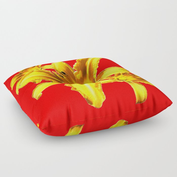 Yellow Day Lilies on Chinese Red  Floor Pillow