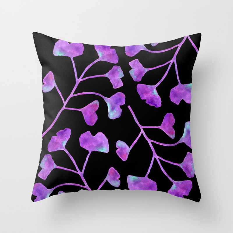 Ginkgo Leaves Watercolor Lavender Purple On Black Throw Pillow By