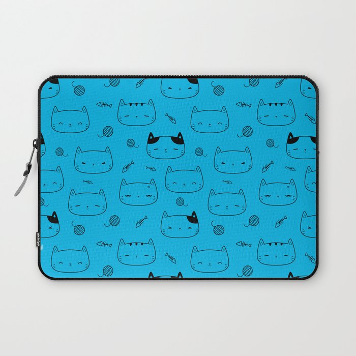 Turquoise and Black Doodle Kitten Faces Pattern Laptop Sleeve