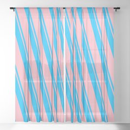 [ Thumbnail: Deep Sky Blue and Light Pink Colored Striped/Lined Pattern Sheer Curtain ]