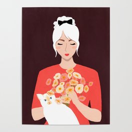A Girl, a Cat, and Flowers Poster