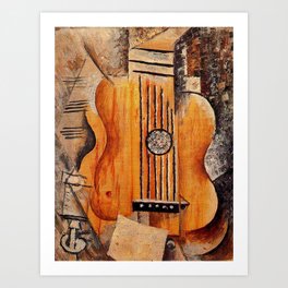 Pablo Picasso - Guitar, I love Eva cubist, cubism still life musical portrait painting Art Print