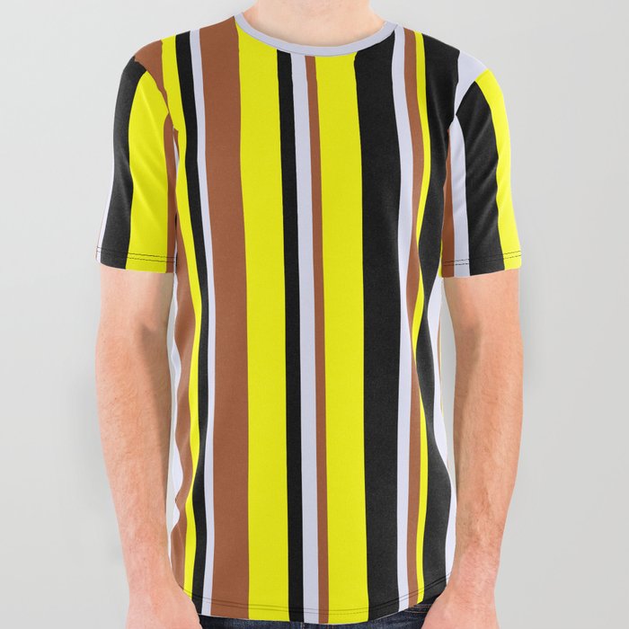 Yellow, Sienna, Lavender, and Black Colored Lines/Stripes Pattern All Over Graphic Tee