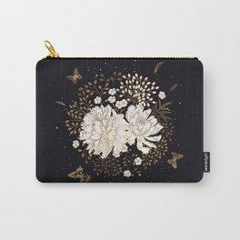 Hand drawn vintage bouquet flower on dark background illustration Carry-All Pouch | Black, Black And White, Daisy, Wreath, Colored Pencil, Illustration, Drawing, Ink Pen, Retro, Floral 