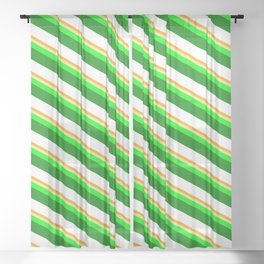 [ Thumbnail: Vibrant Orange, Pale Goldenrod, Lime, Green, and White Colored Stripes/Lines Pattern Sheer Curtain ]