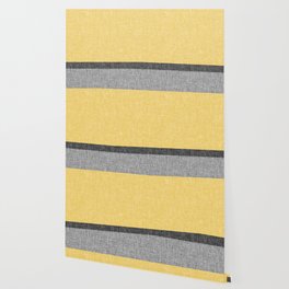 Yellow Grey and Black Section Stripe and Graphic Burlap Print Wallpaper