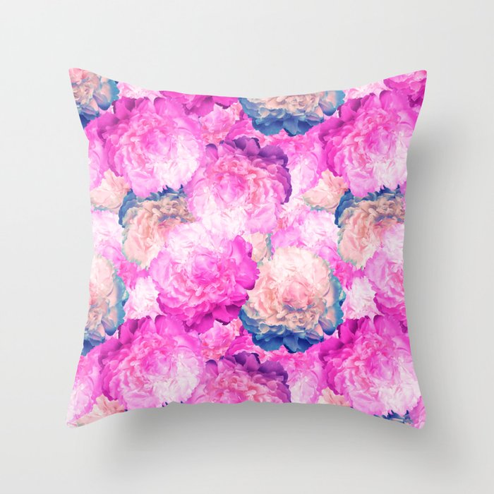 Pink and Peach Peonies Oil Painted Floral Throw Pillow