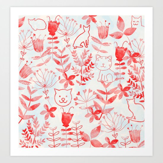 Watercolor Floral & Cat Art Print
