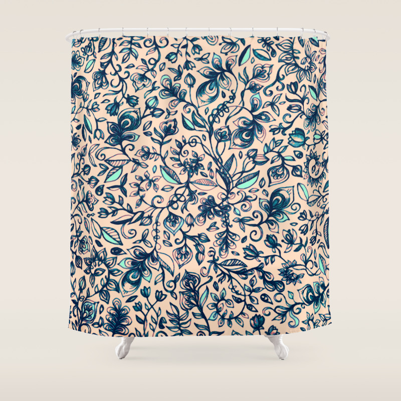 Teal Garden Floral Doodle Pattern In Cream Navy Blue Shower Curtain By Micklyn Society6 Looking for wallpaper that complements the so, whether you are looking to buy a navy blue wallpaper for a tranquil bedroom, a hint of turquoise blue for a living room feature wall or mix and. teal garden floral doodle pattern in cream navy blue shower curtain