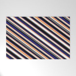 [ Thumbnail: Colorful Brown, White, Dim Gray, Black & Midnight Blue Colored Lines Pattern Welcome Mat ]