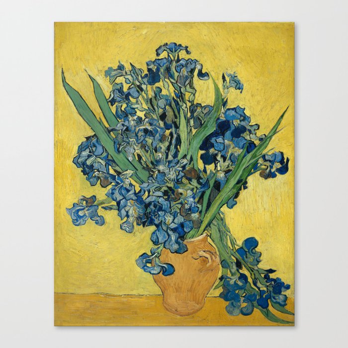 Still Life: Vase with Irises Against a Yellow Background Canvas Print