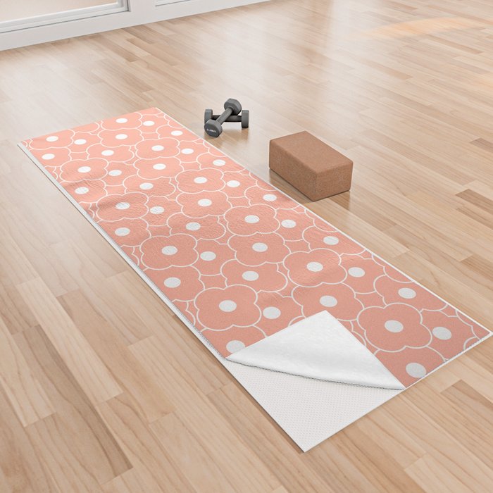 Simple White Flowers on Peachy Pink Background Yoga Towel