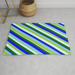 [ Thumbnail: Eye-catching Green, Light Cyan, Dark Green, Blue & Sky Blue Colored Lines/Stripes Pattern Rug ]