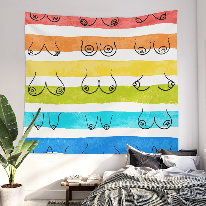 Minimal female breast size feminine body front view different boobs form  Watercolor rainbow stripes Wall Tapestry by Creative Modern Art
