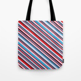 [ Thumbnail: Eyecatching Sky Blue, Dark Red, Deep Sky Blue, Red & Lavender Colored Lines/Stripes Pattern Tote Bag ]