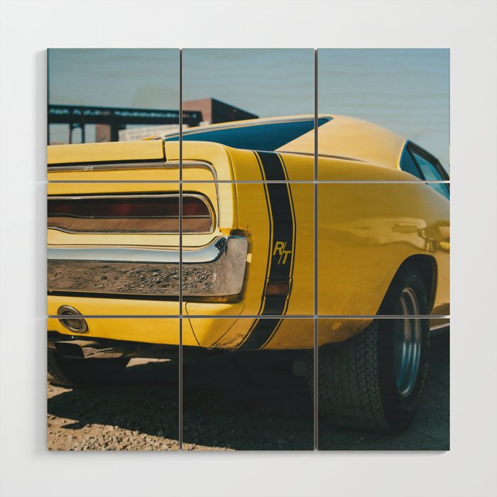 Vintage American Classic Muscle car Charger RT yellow automobile transporation color photograph / photography poster posters Wood Wall Art