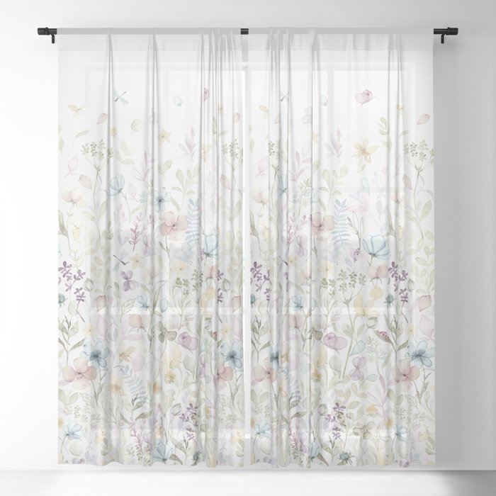 Ombre Border Spring Floral Meadow Sheer Curtain