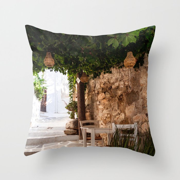 Greek Restaurant Scene | Dinner in the Mediterranean | Summer Taverna in Golden Colors | Travel Photography in Greece Throw Pillow