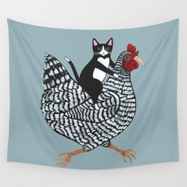 Tuxedo Cat Riding a Chicken Wall Tapestry