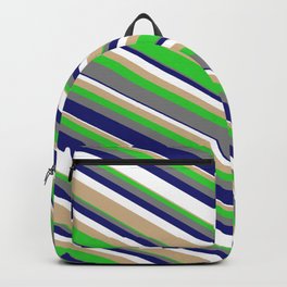 [ Thumbnail: Eyecatching Tan, Lime Green, Grey, Midnight Blue & White Colored Lines Pattern Backpack ]