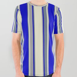 [ Thumbnail: Beige, Dark Grey, Blue, and Slate Gray Colored Pattern of Stripes All Over Graphic Tee ]