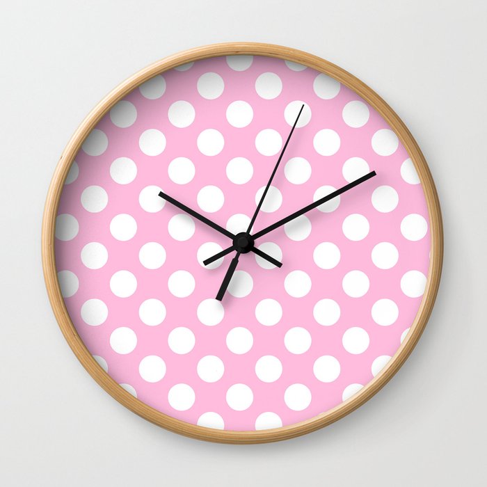 White polkadots dots polkadot circles on pink Wall Clock