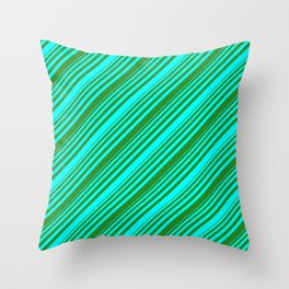 [ Thumbnail: Cyan and Forest Green Colored Lined/Striped Pattern Throw Pillow ]