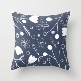 White flowers in navy background Throw Pillow