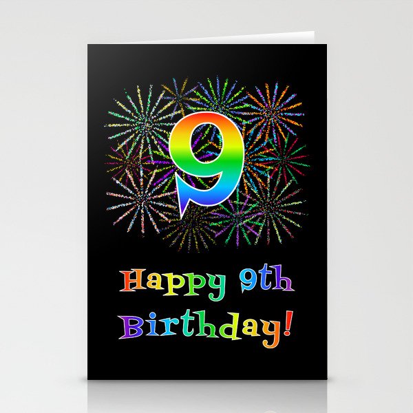 9th Birthday - Fun Rainbow Spectrum Gradient Pattern Text, Bursting Fireworks Inspired Background Stationery Cards