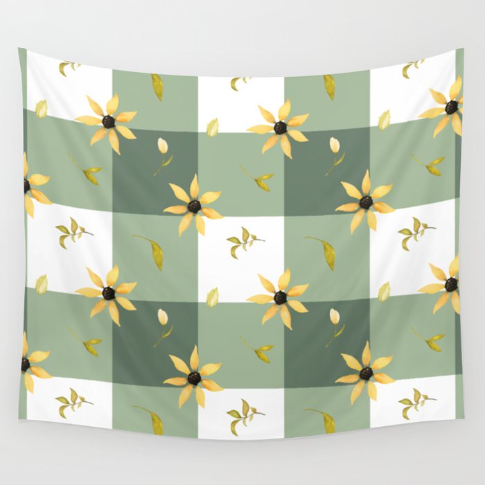 Yellow floral meadow on sage green gingham pattern Wall Tapestry