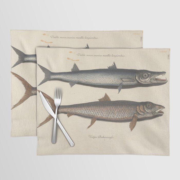 Barracuda and Fish Vintage Print by Mark Catesby, 1777 Placemat