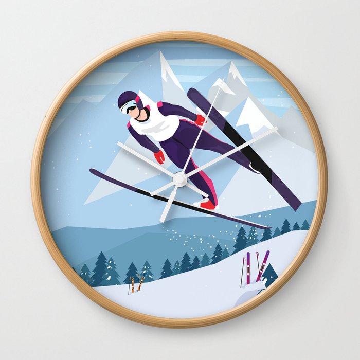 Skiing - Flying Wall Clock