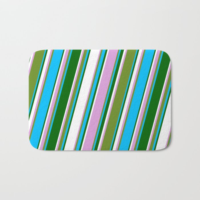 Eye-catching Plum, Green, Deep Sky Blue, Dark Green, and White Colored Lined/Striped Pattern Bath Mat