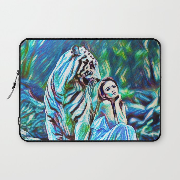 Beauty And The White Tiger Fantasy Art Painting Laptop Sleeve By Rustytaylor