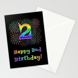[ Thumbnail: 2nd Birthday - Fun Rainbow Spectrum Gradient Pattern Text, Bursting Fireworks Inspired Background Stationery Cards ]