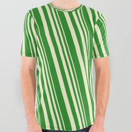 [ Thumbnail: Light Yellow and Forest Green Colored Lines/Stripes Pattern All Over Graphic Tee ]
