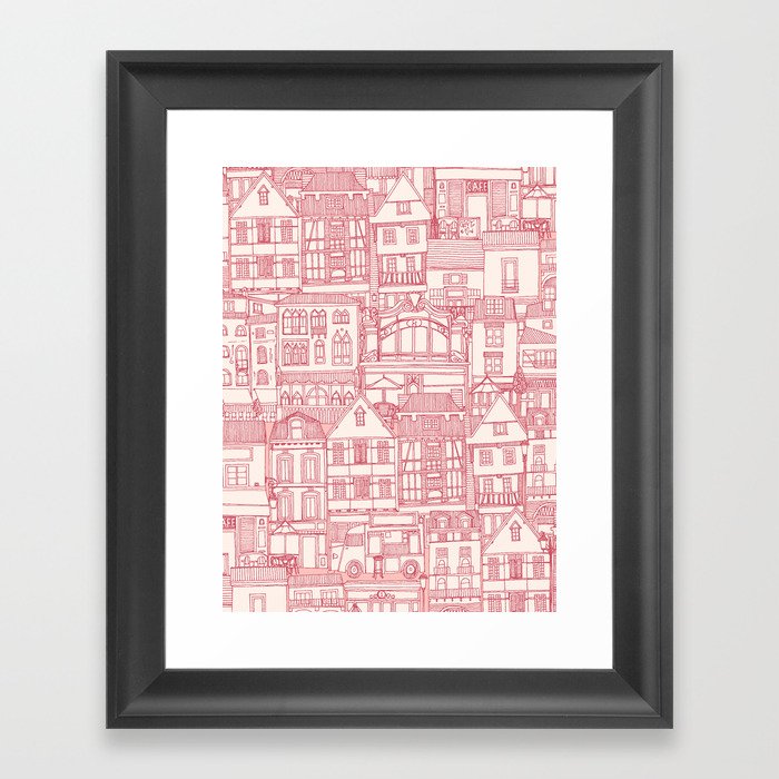 cafe buildings pink Framed Art Print