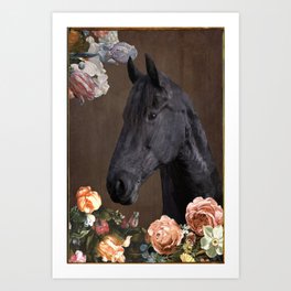 Head of a horse surrounded by flowers / portrait Friesian horse Art Print