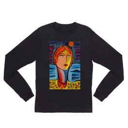Woman at the window on the French Riviera Long Sleeve T Shirt | Sea, Digital, Illustration, Blue, Beauty, Painting, Interior, French, Home, Fashion 