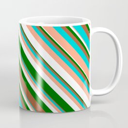 [ Thumbnail: Eyecatching Dark Green, Sienna, Dark Turquoise, Light Salmon & White Colored Stripes Pattern Coffee Mug ]