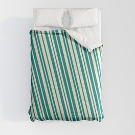 [ Thumbnail: Teal & Beige Colored Lined/Striped Pattern Comforter ]