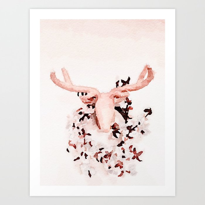 Watercolor: Deer with Cotton Wreath Art Print